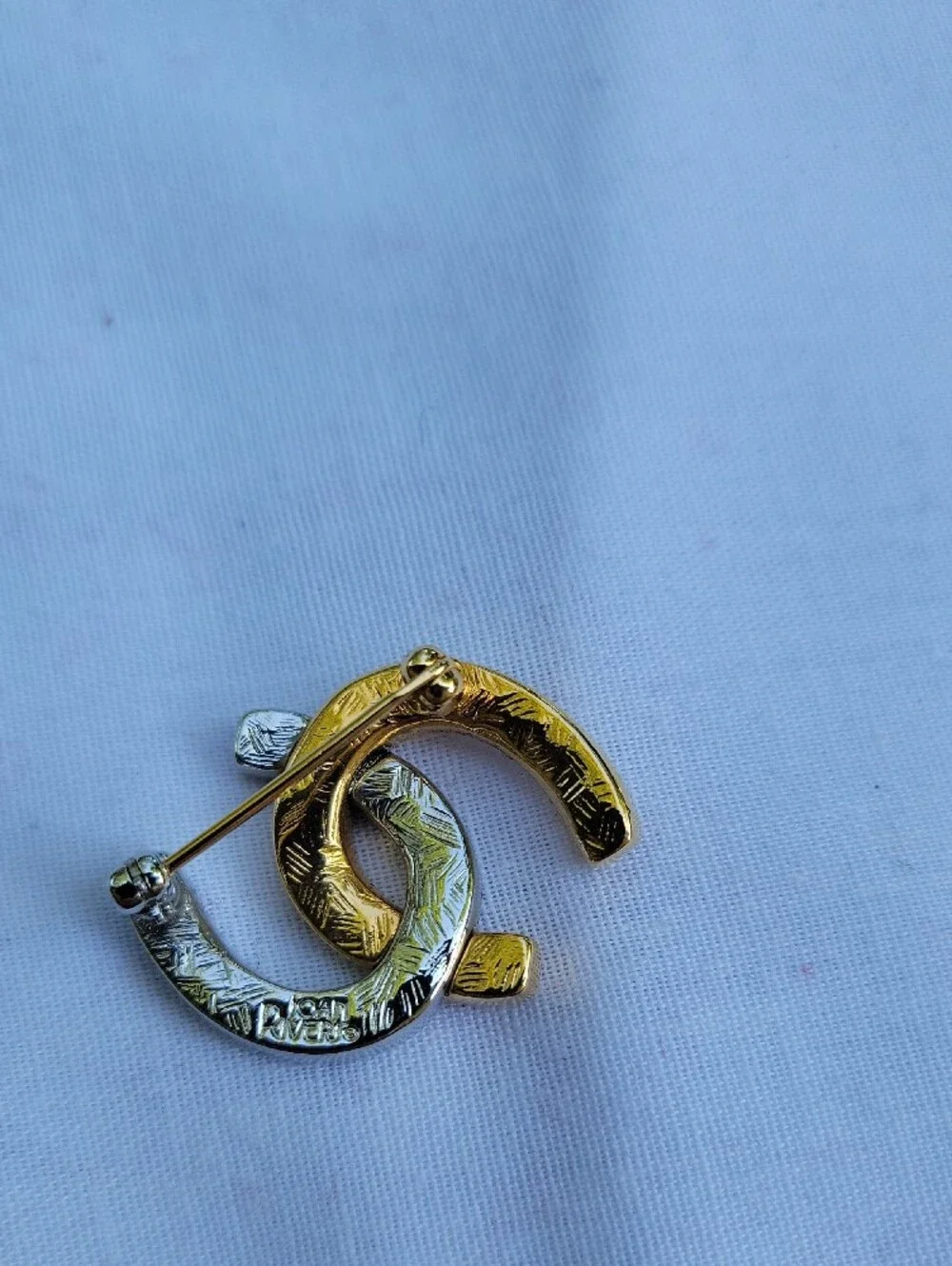 Vintage Joan Rivers Two-Tone Gold and Silver Crystal Horseshoe Brooch Good Luck